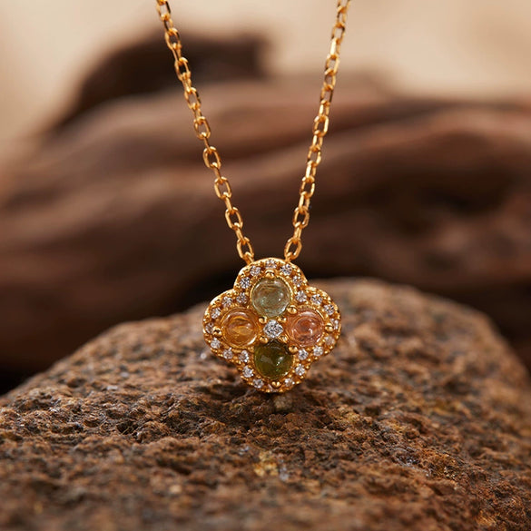 Wholesale Women's Pendant Necklace With S925 Sterling Silver 18K Gold Natural Tourmaline Four Leaf Clover Geometric Shape Set With Gemstones Retro Elegant Style