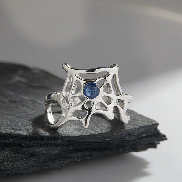 Wholesale Women's Personality Exaggerated Spider Web 925 Sterling Silver Natural Garnet Sapphire Color Treasure Ring Set With Precious Stones