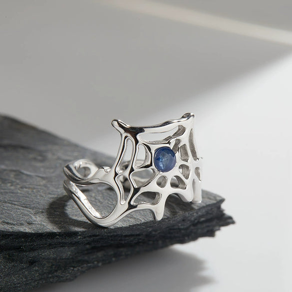 Wholesale Women's Personality Exaggerated Spider Web 925 Sterling Silver Natural Garnet Sapphire Color Treasure Ring Set With Precious Stones