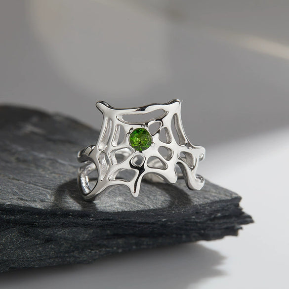 Wholesale Women's Personality Exaggerated Spider Web 925 Sterling Silver Natural Garnet Sapphire Color Treasure Ring Set With Precious Stones