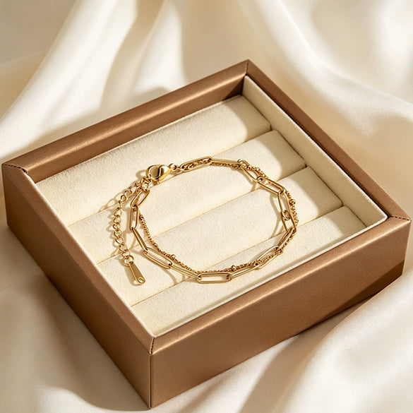Wholesale Women's Personality Geometric Stainless Steel Vacuum Plated Doublelayer Round Pin Chain Bracelet