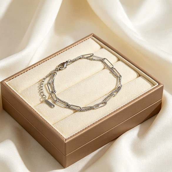 Wholesale Women's Personality Geometric Stainless Steel Vacuum Plated Doublelayer Round Pin Chain Bracelet