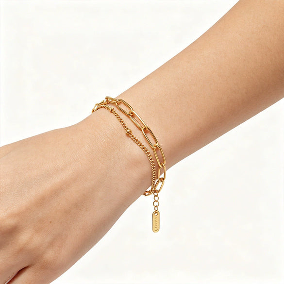 Wholesale Women's Personality Geometric Stainless Steel Vacuum Plated Doublelayer Round Pin Chain Bracelet