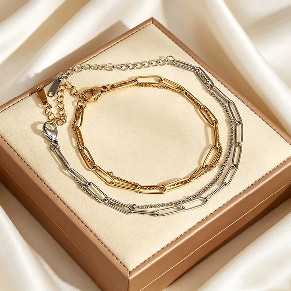 Wholesale Women's Personality Geometric Stainless Steel Vacuum Plated Doublelayer Round Pin Chain Bracelet