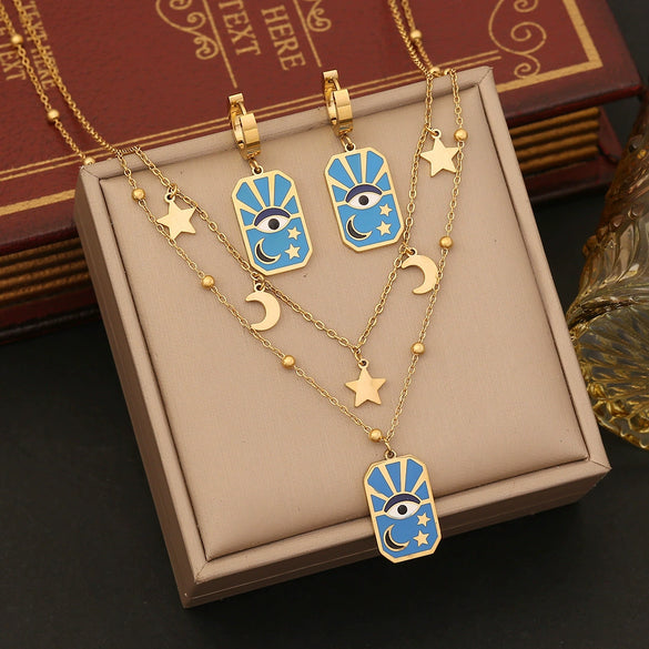 Wholesale Women's Personality Star Moon Double Chain Necklace In Stainless Steel With Geometric Design And Dripping Oil Treatment