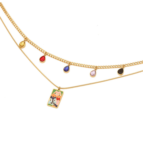 Wholesale Women's Personality Star Moon Double Chain Necklace In Stainless Steel With Geometric Design And Dripping Oil Treatment