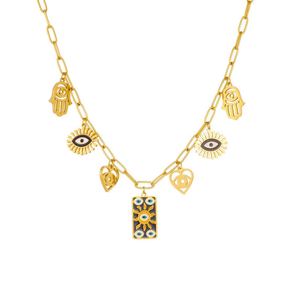 Wholesale Women's Personality Trend Goldplated Stainless Steel Heart Water Drop Bell Pattern Cut Out Pendant Jewelry Set With Cross Chain