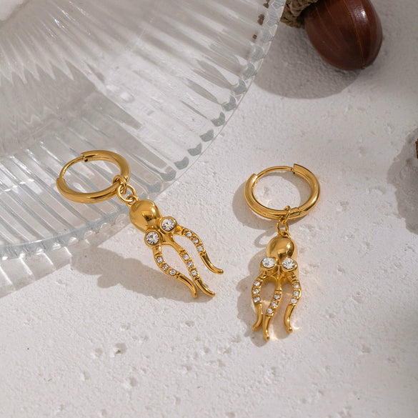 Wholesale Women's Personalized Animal Pattern Electroplated Stainless Steel Octopus Inlaid Zircon Earrings Jewelry
