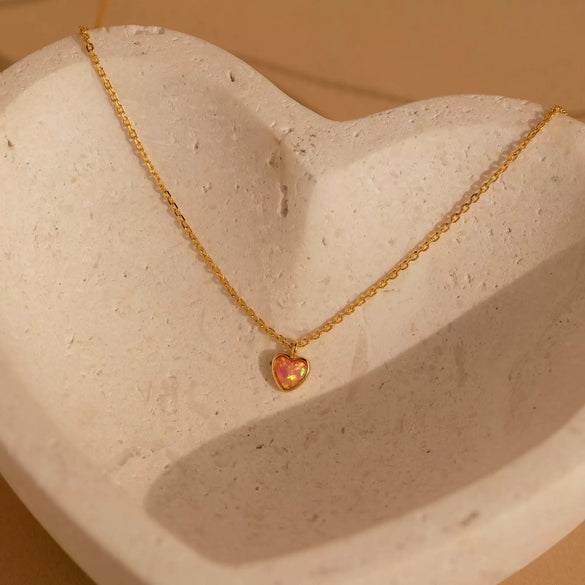 Wholesale Women's Pink Heart Opal Natural Stone Mixed Gemstone Inlay Copper Necklace With Diamond Design And Geometric Style