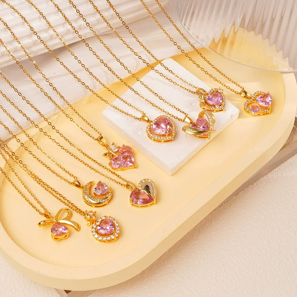 Wholesale Women's Pink Love Sweet Copper Zircon Heart Pendant Necklace With Electroplating And O Word Chain In Light Luxury Style