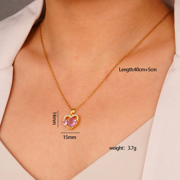 Wholesale Women's Pink Love Sweet Copper Zircon Heart Pendant Necklace With Electroplating And O Word Chain In Light Luxury Style
