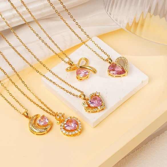 Wholesale Women's Pink Love Sweet Copper Zircon Heart Pendant Necklace With Electroplating And O Word Chain In Light Luxury Style