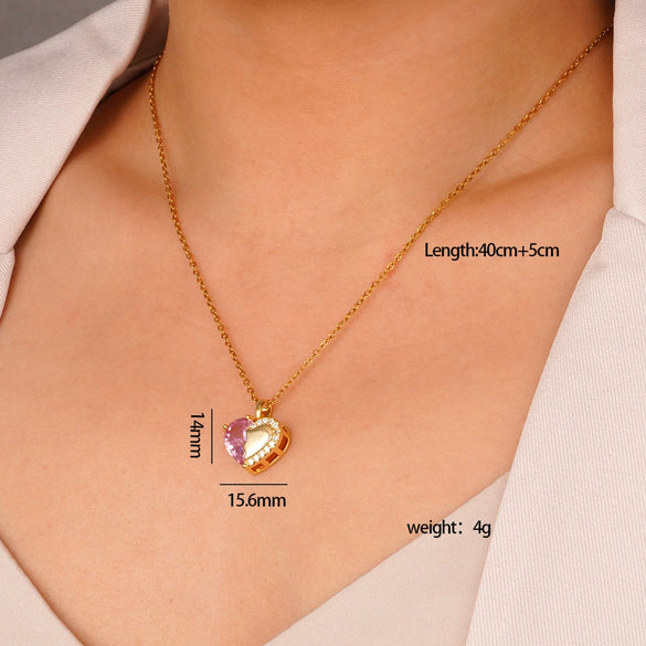 Wholesale Women's Pink Love Sweet Copper Zircon Heart Pendant Necklace With Electroplating And O Word Chain In Light Luxury Style