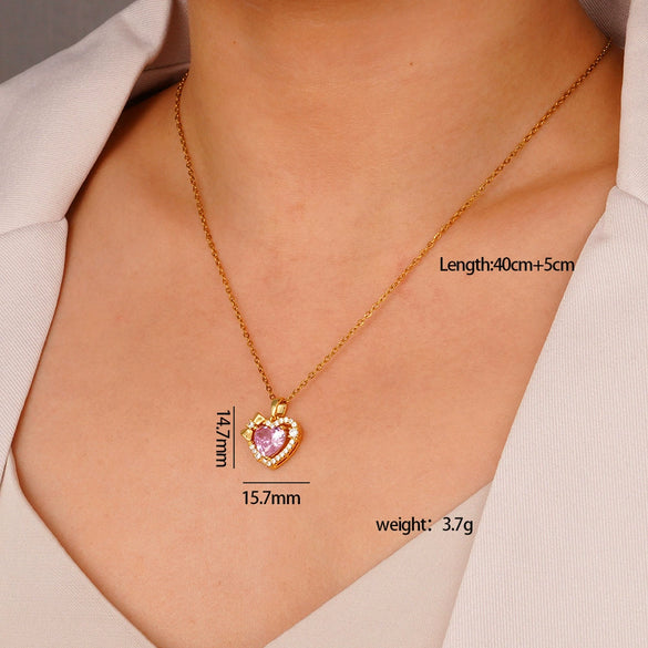 Wholesale Women's Pink Love Sweet Copper Zircon Heart Pendant Necklace With Electroplating And O Word Chain In Light Luxury Style