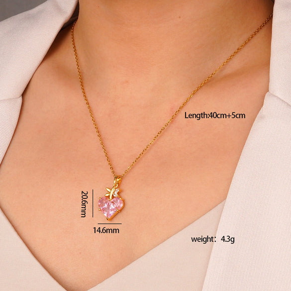 Wholesale Women's Pink Love Sweet Copper Zircon Heart Pendant Necklace With Electroplating And O Word Chain In Light Luxury Style