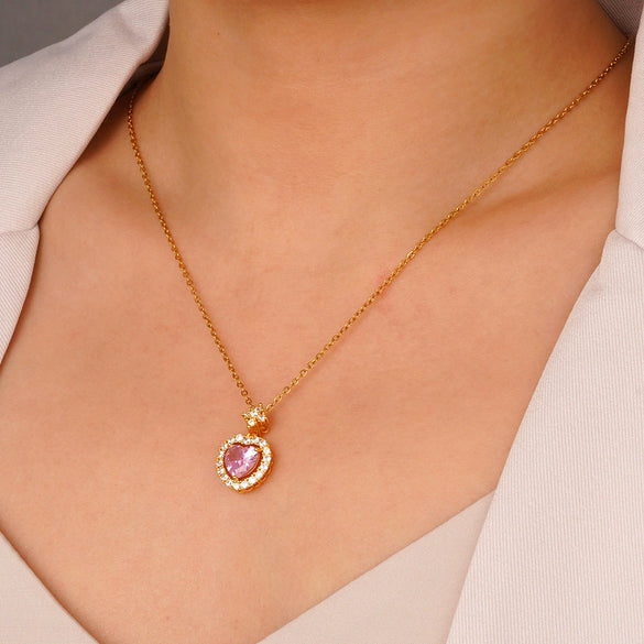 Wholesale Women's Pink Love Sweet Copper Zircon Heart Pendant Necklace With Electroplating And O Word Chain In Light Luxury Style