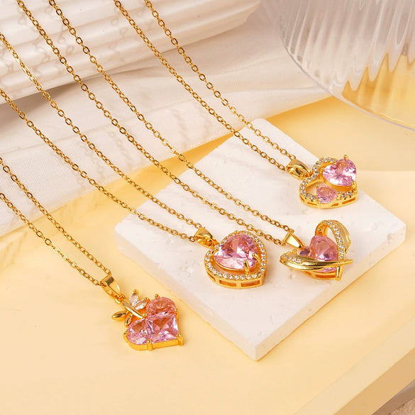 Wholesale Women's Pink Love Sweet Copper Zircon Heart Pendant Necklace With Electroplating And O Word Chain In Light Luxury Style