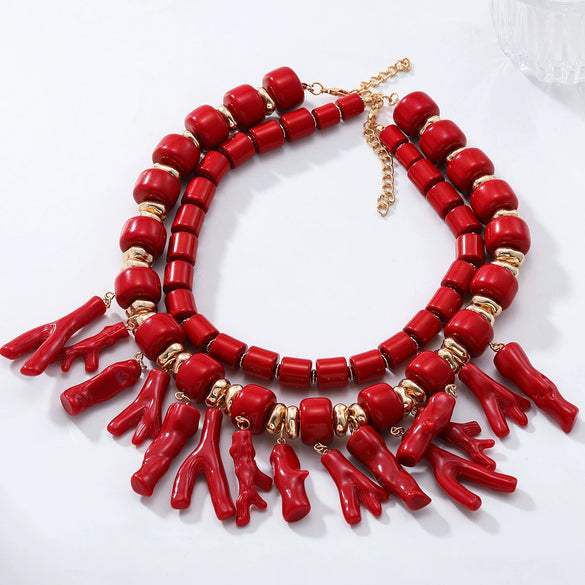 Wholesale Women's Plastic Resin Geometric Hand Knit Multi Layer Necklace With Mixed Gemstone Pendant And Regular Chain In Plants Flowers Style