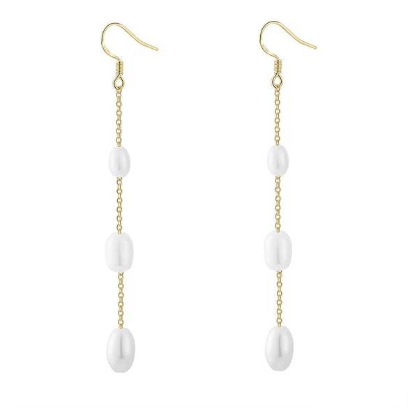 Wholesale Women's Plated Brass Fresh Water Pearl Drop Earrings With Geometric Pattern And Tassel Style