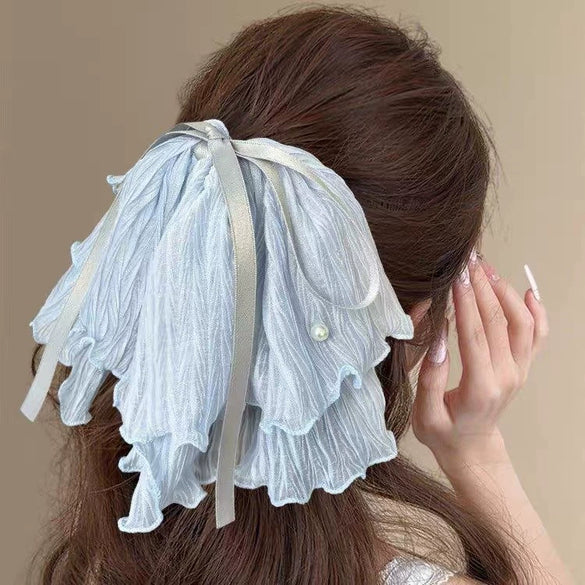 Wholesale Women's Pleated Fabric Pearl Bow Doublelayer Oversized Handmade Mixed Materials Hair Tie Sweet Style Hair Accessory