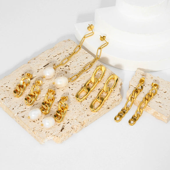 Wholesale Women's Premium Natural Freshwater Pearl Earrings With Cuban Chain Made Of 18K Gold Plated Stainless Steel Geometric Design Pvd Furnace Real Gold Process