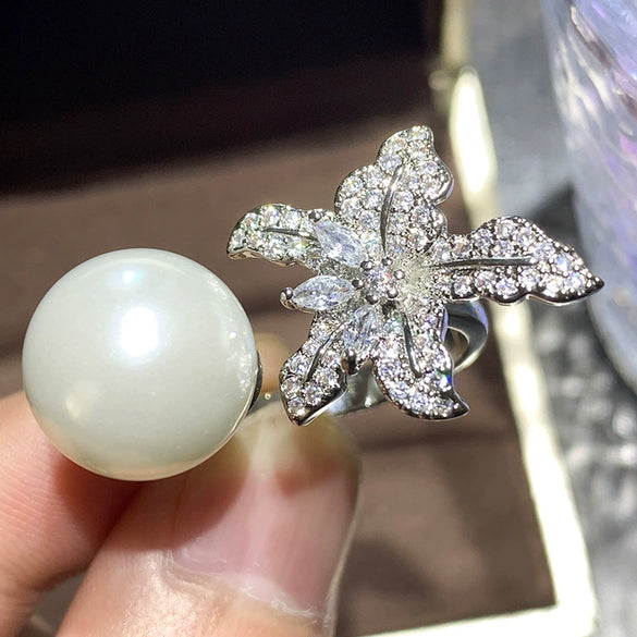 Wholesale Women's Princess Style Copper Ring Set With Artificial Pearls Geometric Starfish Design