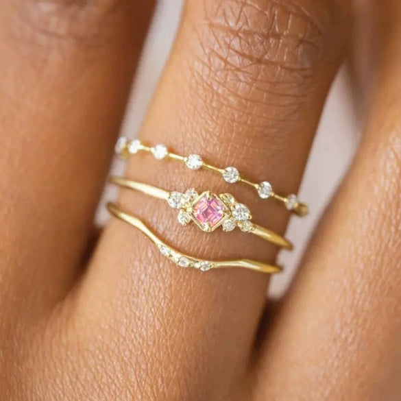 Wholesale Women's Princess Style Geometric Copper Ring Threepiece Set With Pink Zirconia