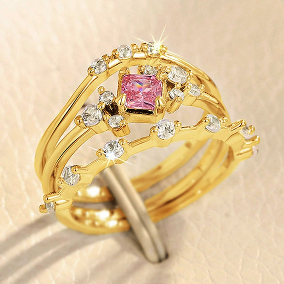 Wholesale Women's Princess Style Geometric Copper Ring Threepiece Set With Pink Zirconia