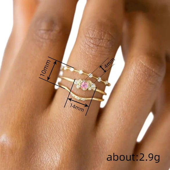 Wholesale Women's Princess Style Geometric Copper Ring Threepiece Set With Pink Zirconia