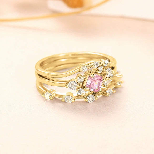 Wholesale Women's Princess Style Geometric Copper Ring Threepiece Set With Pink Zirconia