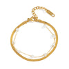 Wholesale Women's Princess Style Geometric Stainless Steel 18K Gold Plated Flat Snake Chain Doublelayer Pearl Bracelet Jewelry Accessory