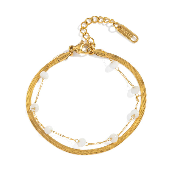 Wholesale Women's Princess Style Geometric Stainless Steel 18K Gold Plated Flat Snake Chain Doublelayer Pearl Bracelet Jewelry Accessory