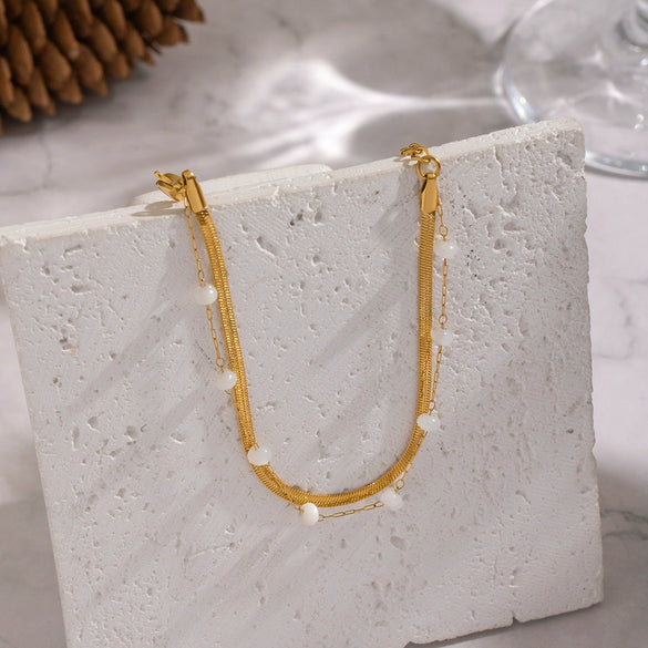 Wholesale Women's Princess Style Geometric Stainless Steel 18K Gold Plated Flat Snake Chain Doublelayer Pearl Bracelet Jewelry Accessory