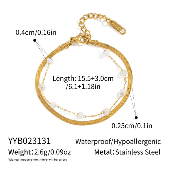 Wholesale Women's Princess Style Geometric Stainless Steel 18K Gold Plated Flat Snake Chain Doublelayer Pearl Bracelet Jewelry Accessory