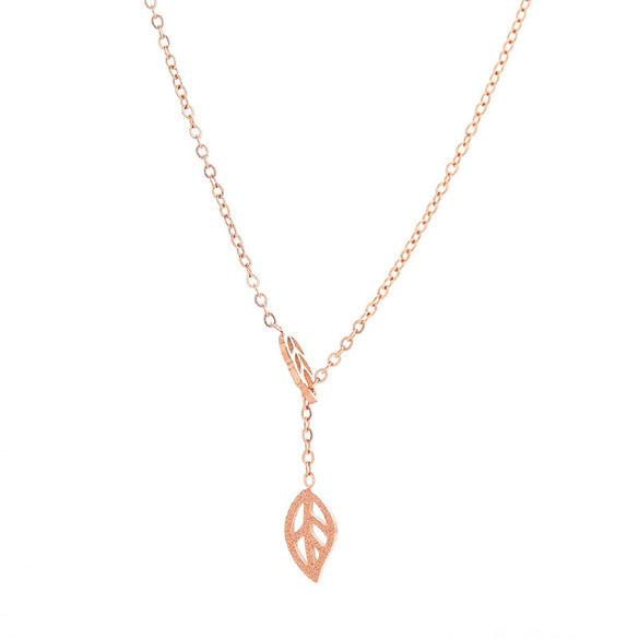 Wholesale Women's Pull Adjustable Frosted Leaves Titanium Steel Rose Gold Clavicle Necklace With O Chain