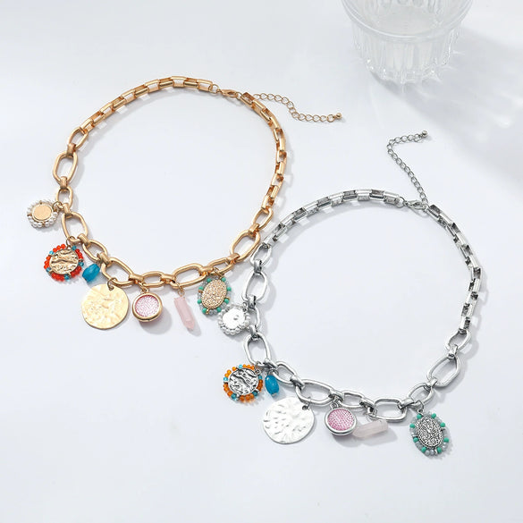 Wholesale Women's Punk Hiphop Style Multilayer Resin Necklace With Geometric Pendant Alloy Rice Beads Zinc Alloy Electroplating