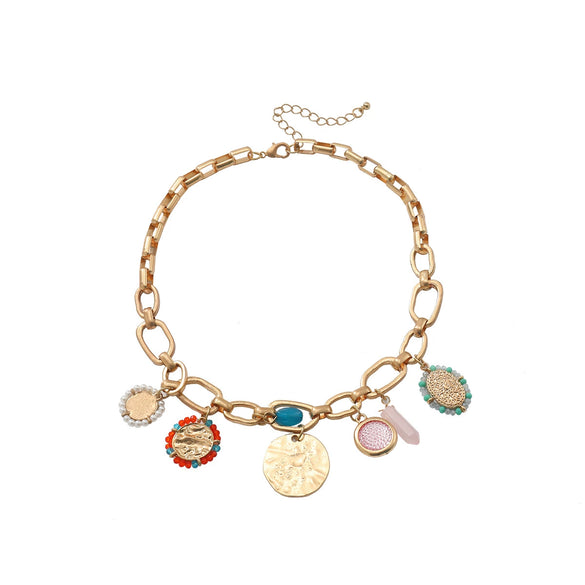 Wholesale Women's Punk Hiphop Style Multilayer Resin Necklace With Geometric Pendant Alloy Rice Beads Zinc Alloy Electroplating