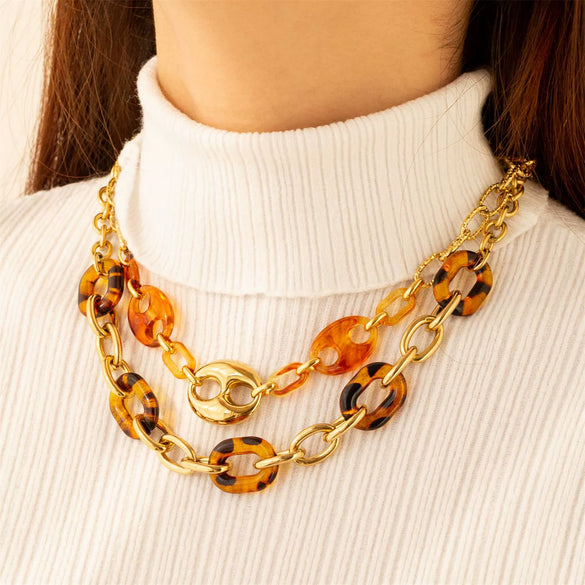 Wholesale Women's Punk Leopard Print And Geometric Stainless Steel Electroplated Figureeight Necklace