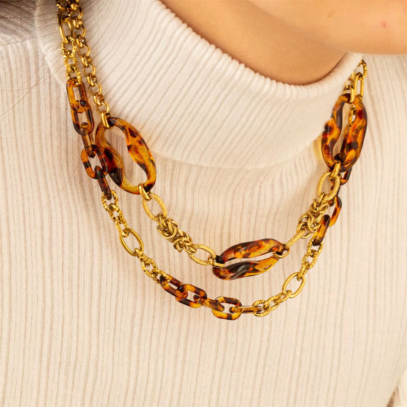 Wholesale Women's Punk Leopard Print And Geometric Stainless Steel Electroplated Figureeight Necklace