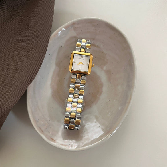 Wholesale Women's Quartz Watch Square Goldtone Steel Band Diamondencrusted With Motherofpearl Square Dial
