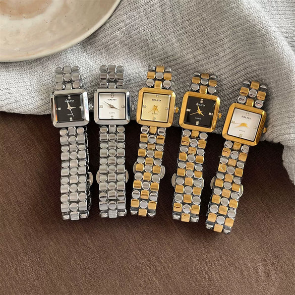 Wholesale Women's Quartz Watch Square Goldtone Steel Band Diamondencrusted With Motherofpearl Square Dial