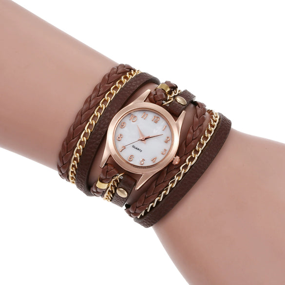 Wholesale Women's Quartz Winding Fashion Hand Woven Watch Alloy Case Imitation Leather Strap Round Dial