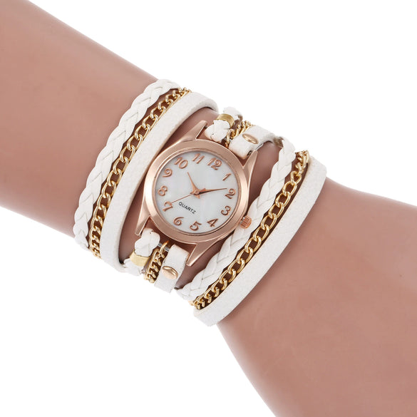 Wholesale Women's Quartz Winding Fashion Hand Woven Watch Alloy Case Imitation Leather Strap Round Dial