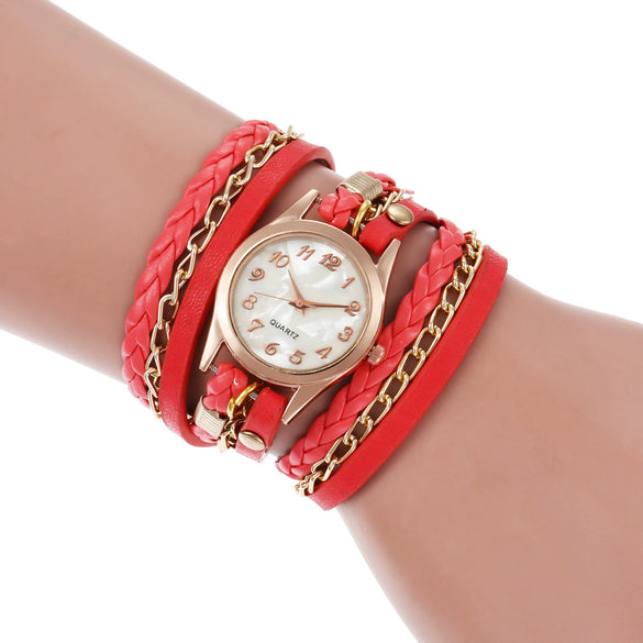 Wholesale Women's Quartz Winding Fashion Hand Woven Watch Alloy Case Imitation Leather Strap Round Dial