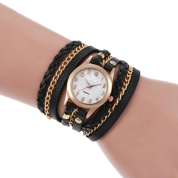Wholesale Women's Quartz Winding Fashion Hand Woven Watch Alloy Case Imitation Leather Strap Round Dial