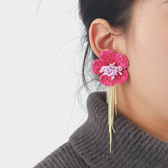 Wholesale Women's Raffia Flower Hand Knitted Tassel Earrings