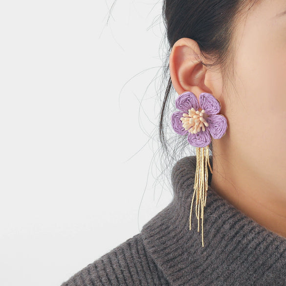 Wholesale Women's Raffia Flower Hand Knitted Tassel Earrings