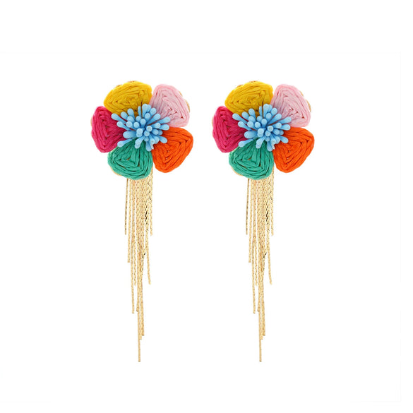 Wholesale Women's Raffia Flower Hand Knitted Tassel Earrings