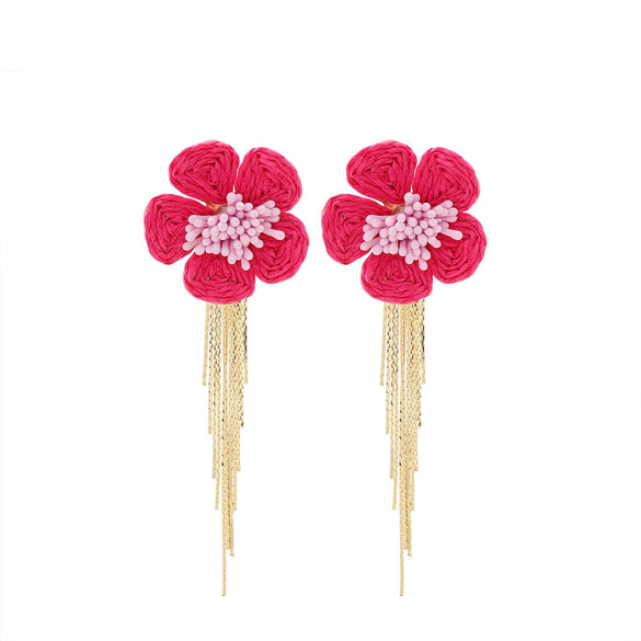 Wholesale Women's Raffia Flower Hand Knitted Tassel Earrings