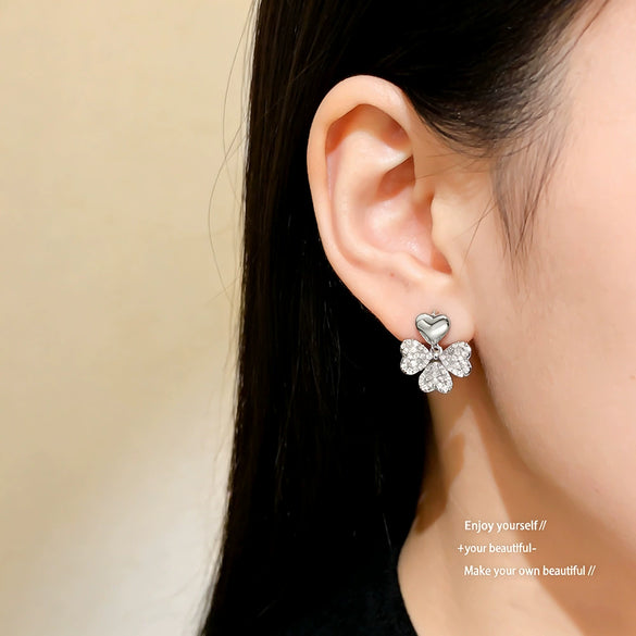 Wholesale Women's Real Gold Electroplated Diamondstudded Copper Earrings With Fourleaf Clover And Four Heart Shapes